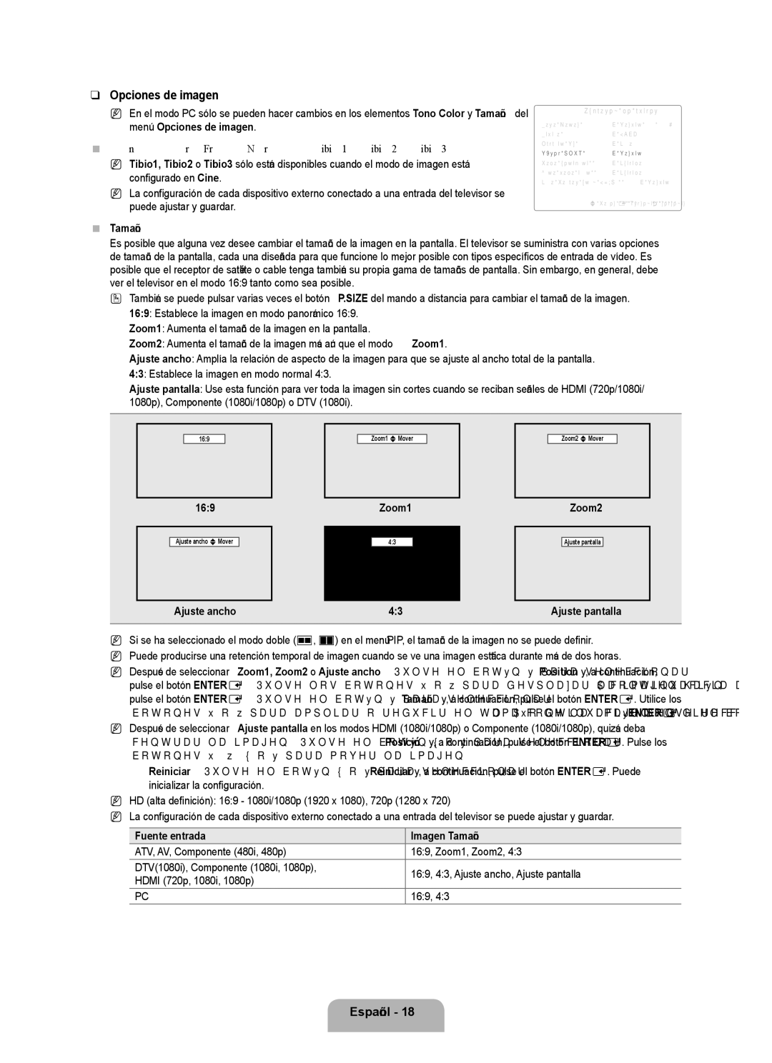 Samsung UN55B7100, UN55B7000, UN46B7100 Opciones de imagen, Tono Color → Frío / Normal / Tibio1 / Tibio2 / Tibio3, Tamaño 