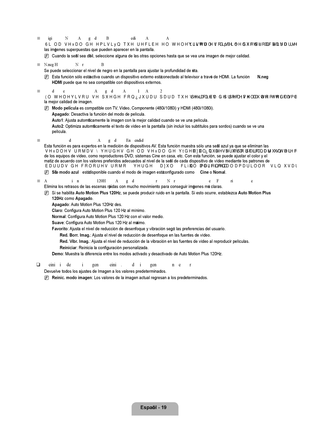 Samsung UN46B7100, UN55B7000, UN55B7100 Reinicio de la imagen → Reinic. modo imagen / Cancelar, Neg Hdmi → Normal / Bajo 