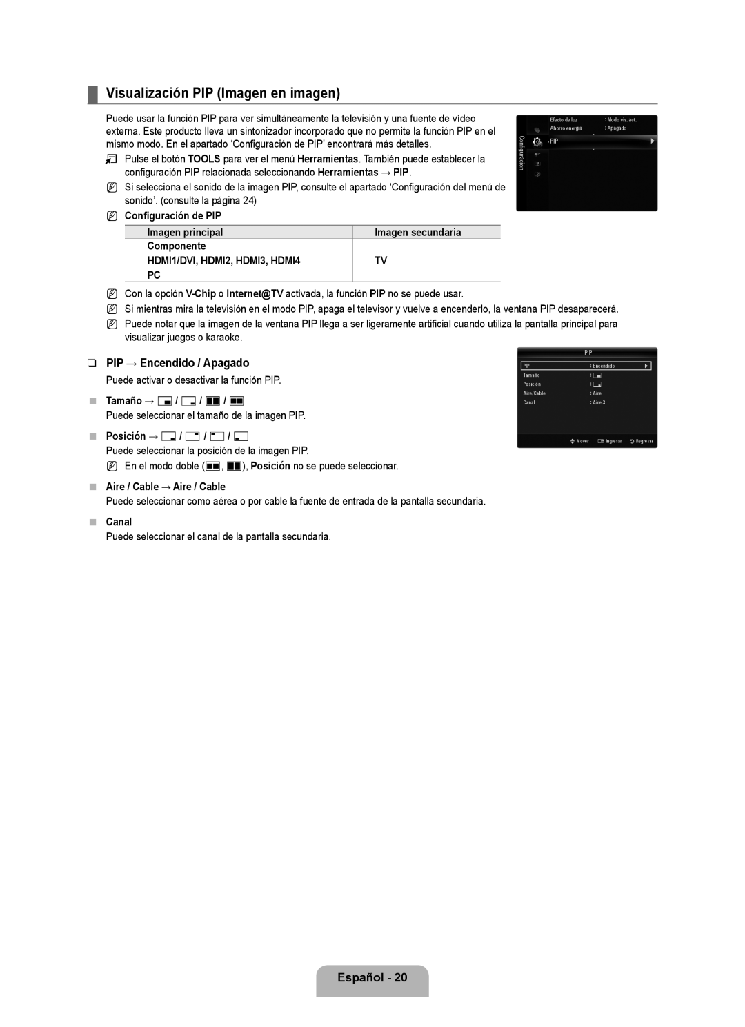 Samsung UN46B7000, UN55B7000, UN55B7100, UN46B7100, UN40B7000 Visualización PIP Imagen en imagen, PIP → Encendido / Apagado 