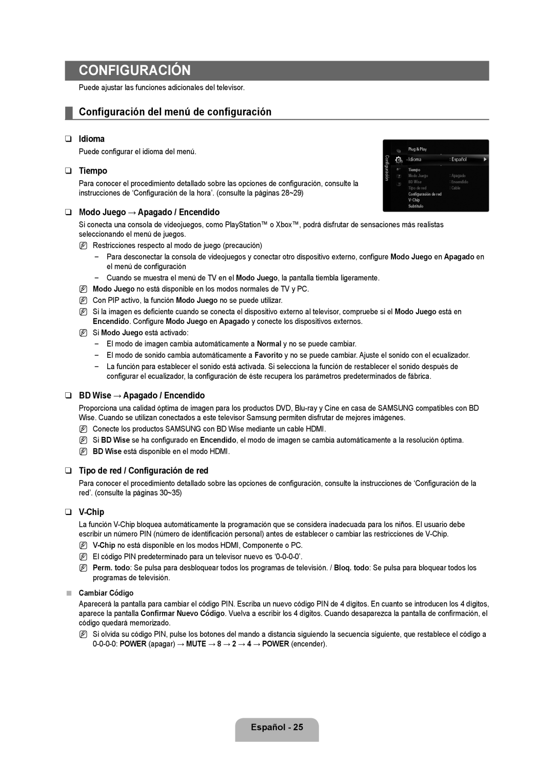 Samsung UN46B7000, UN55B7000, UN55B7100, UN46B7100, UN40B7000 user manual Configuración del menú de configuración 