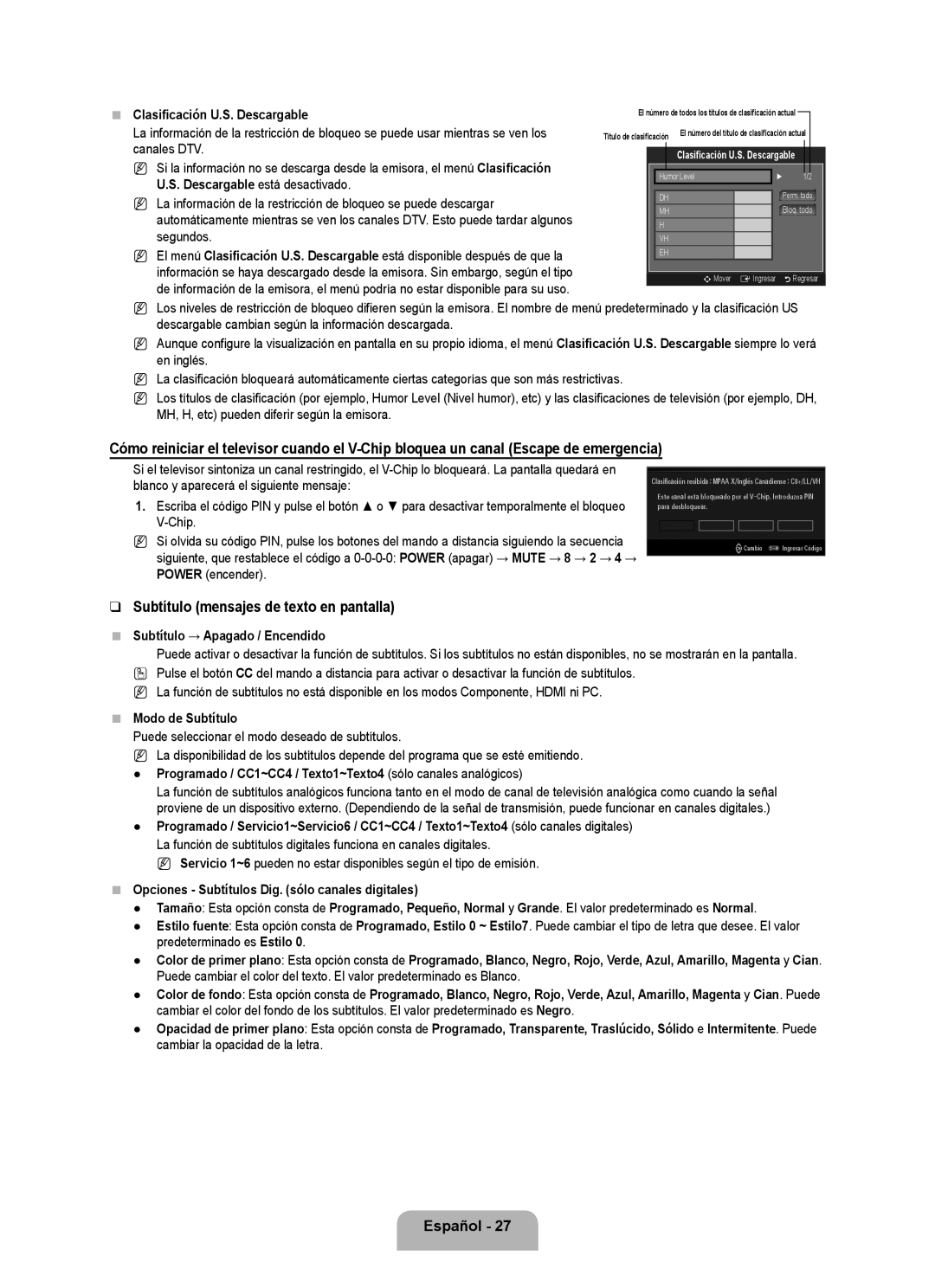 Samsung UN55B7000 Subtítulo mensajes de texto en pantalla, Clasificación U.S. Descargable, Subtítulo → Apagado / Encendido 