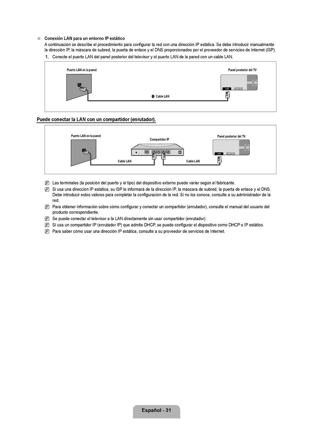 Samsung UN40B7000, UN55B7000, UN55B7100, UN46B7100, UN46B7000 user manual Conexión LAN para un entorno IP estático 