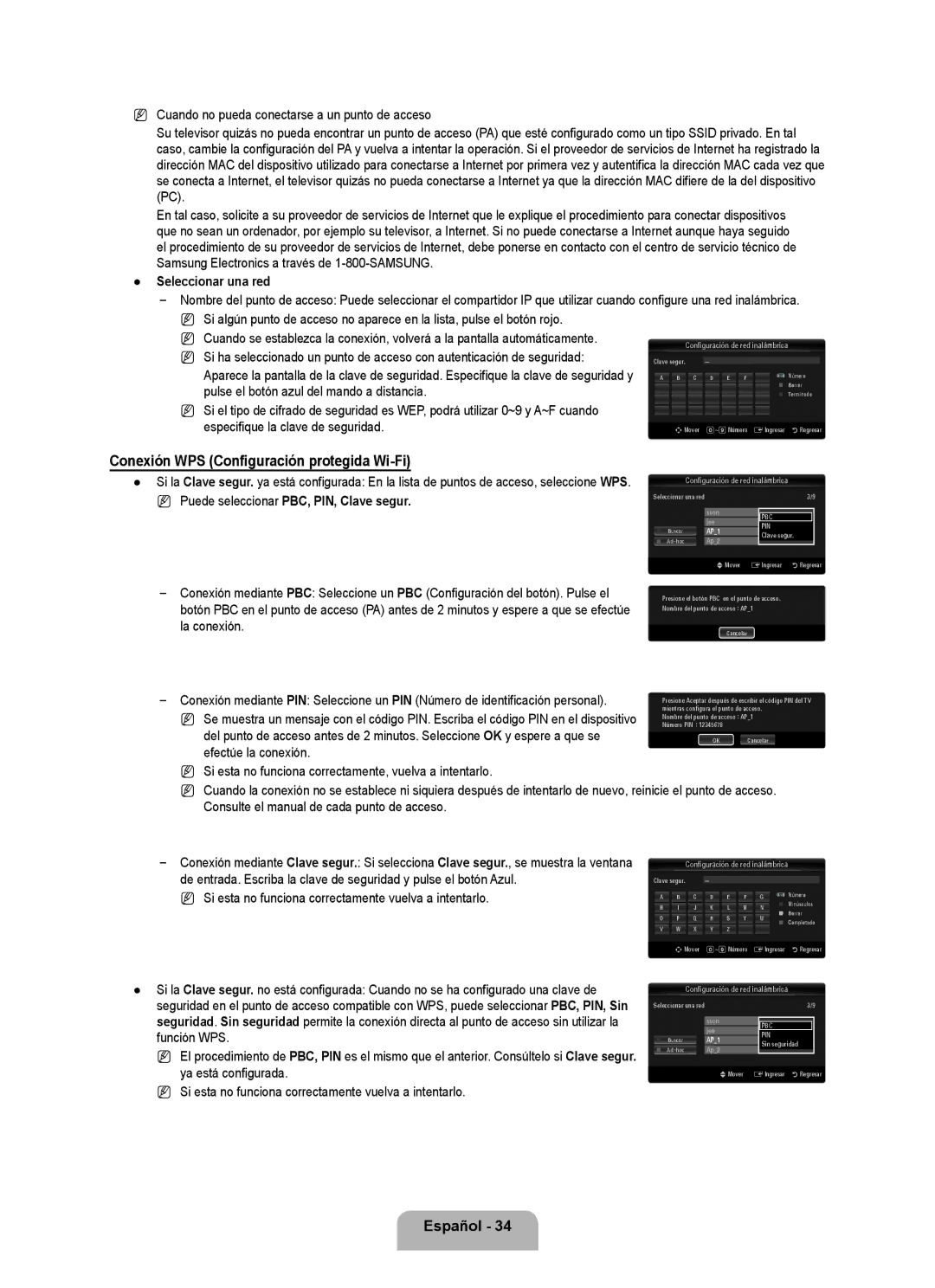 Samsung UN46B7100, UN55B7000 Conexión WPS Configuración protegida Wi-Fi, Samsung Electronics a través de 1-800-SAMSUNG 