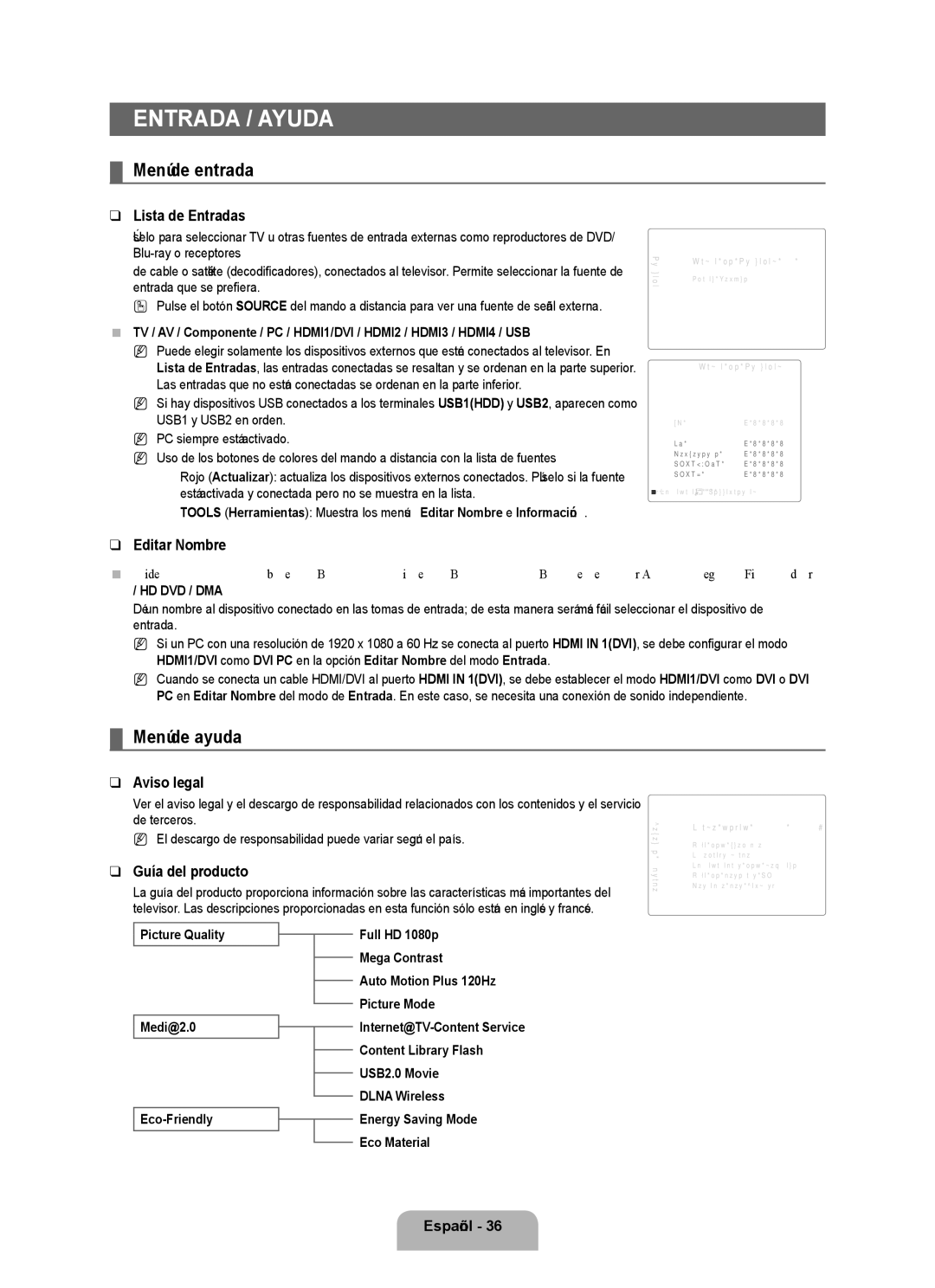 Samsung UN40B7000, UN55B7000, UN55B7100, UN46B7100, UN46B7000 user manual Entrada / Ayuda, Menú de entrada, Menú de ayuda 