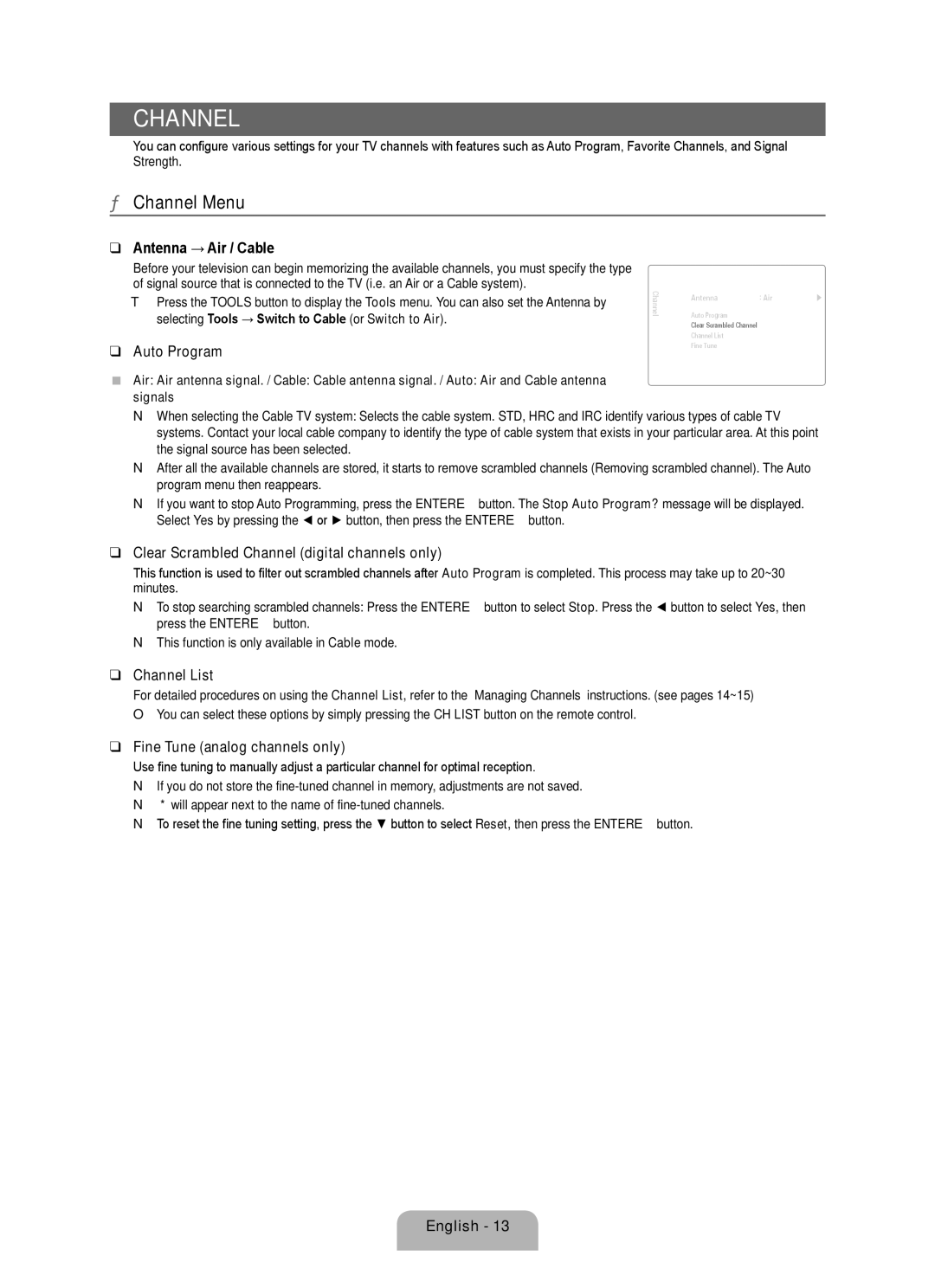 Samsung UN55B7000, UN55B7100, UN46B7100, UN46B7000, UN40B7000 user manual Channel Menu 