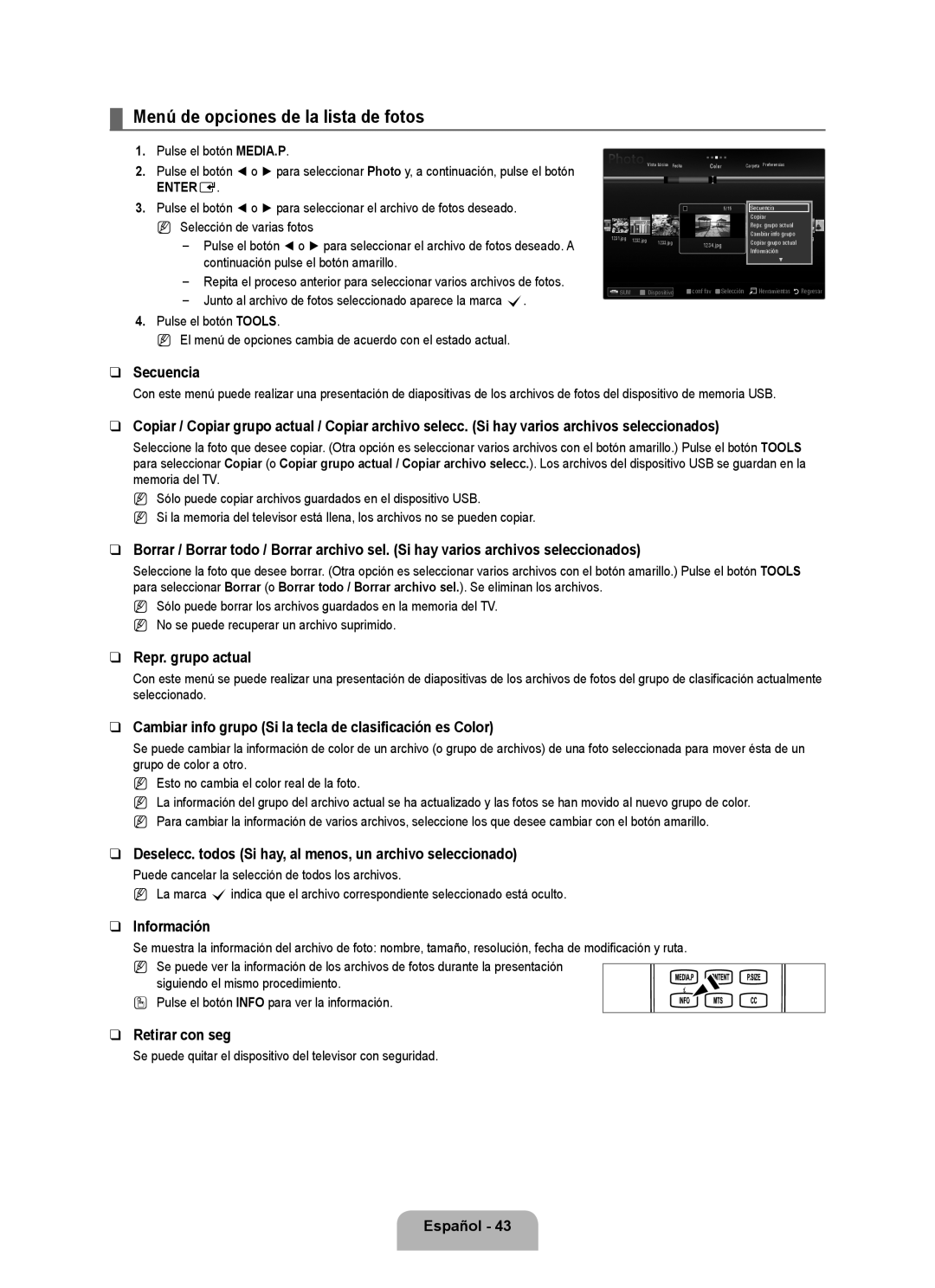 Samsung UN55B7100, UN55B7000, UN46B7100, UN46B7000, UN40B7000 user manual Menú de opciones de la lista de fotos 