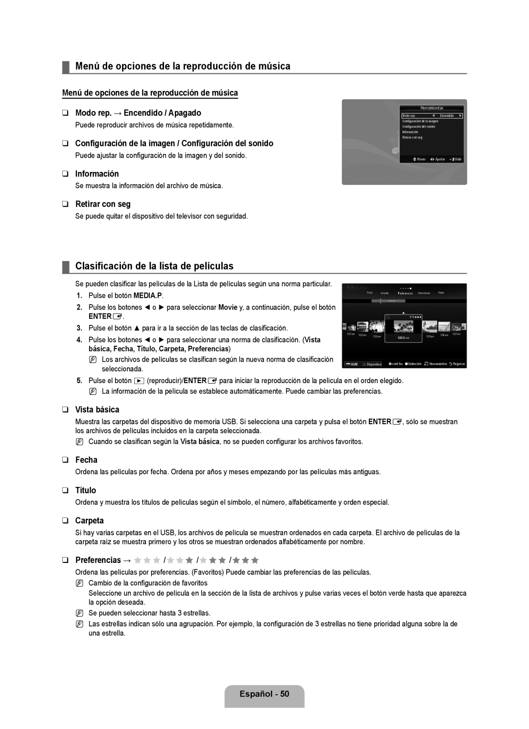 Samsung UN46B7000, UN55B7000 Menú de opciones de la reproducción de música, Clasificación de la lista de películas 