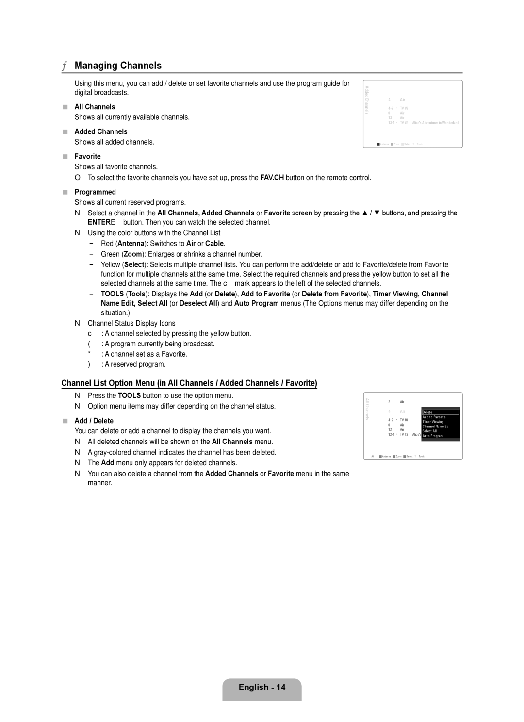 Samsung UN55B7100, UN55B7000, UN46B7100, UN46B7000, UN40B7000 user manual Managing Channels 