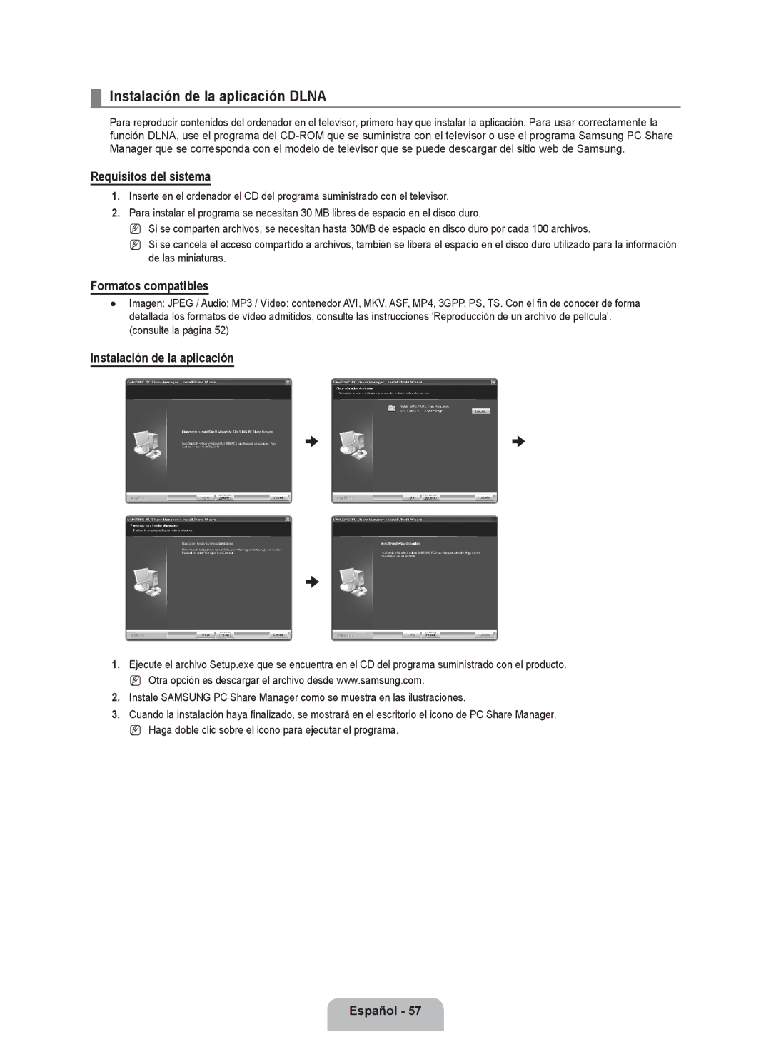 Samsung UN55B7000, UN55B7100, UN46B7100 Instalación de la aplicación Dlna, Requisitos del sistema, Formatos compatibles 