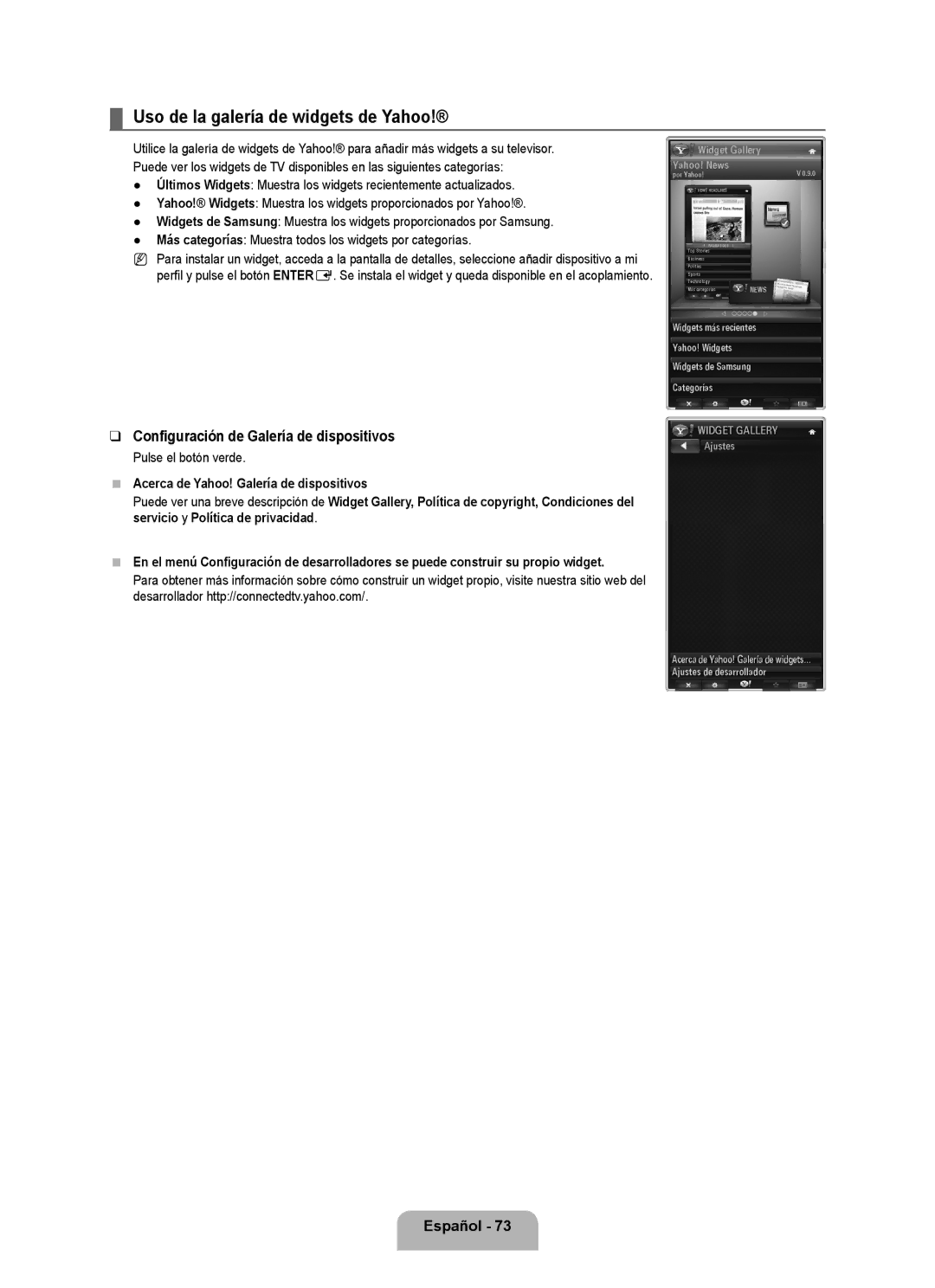 Samsung UN55B7100, UN55B7000, UN46B7100 Uso de la galería de widgets de Yahoo, Configuración de Galería de dispositivos 