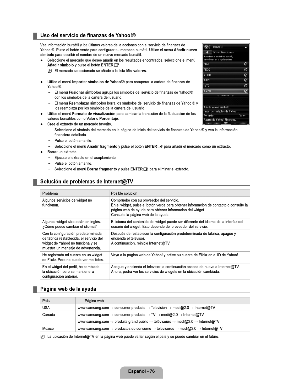 Samsung UN40B7000 Uso del servicio de finanzas de Yahoo, Solución de problemas de Internet@TV, Página web de la ayuda 