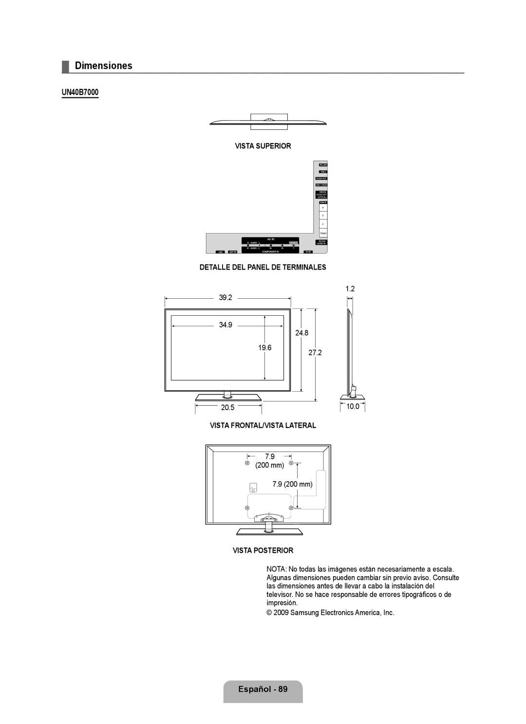 Samsung UN46B7100, UN55B7000, UN55B7100, UN46B7000, UN40B7000 user manual Dimensiones, 39.2 34.9 24.8 19.6 20.5 