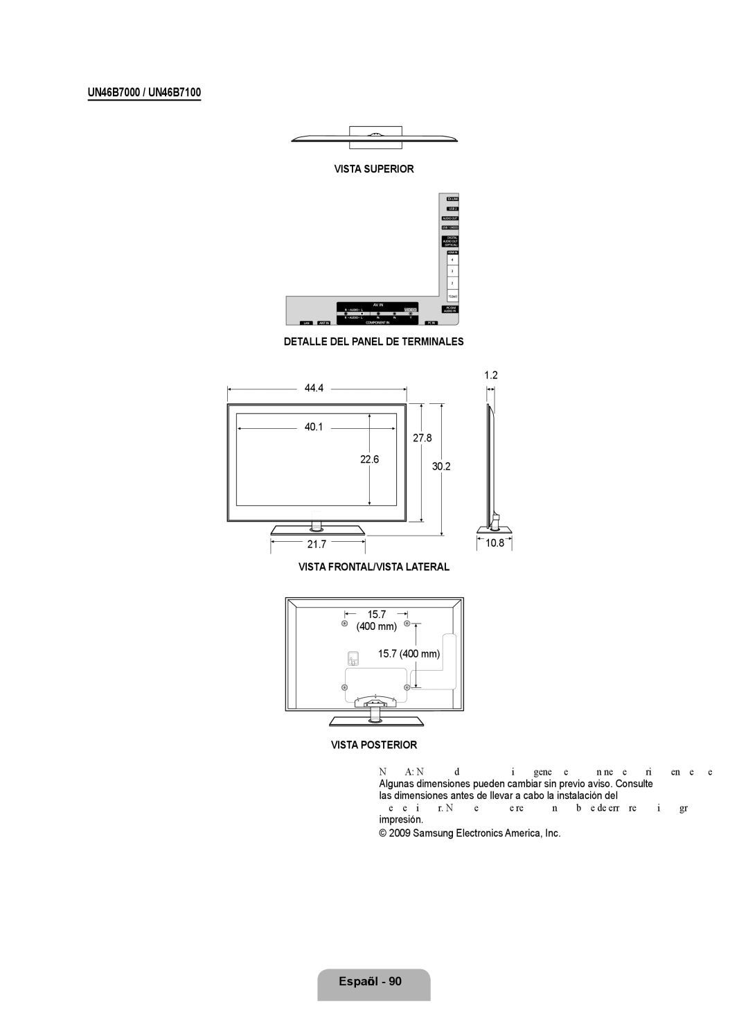 Samsung UN55B7000, UN55B7100, UN40B7000 user manual UN46B7000 / UN46B7100, 44.4 40.1 27.8 22.6 21.7 