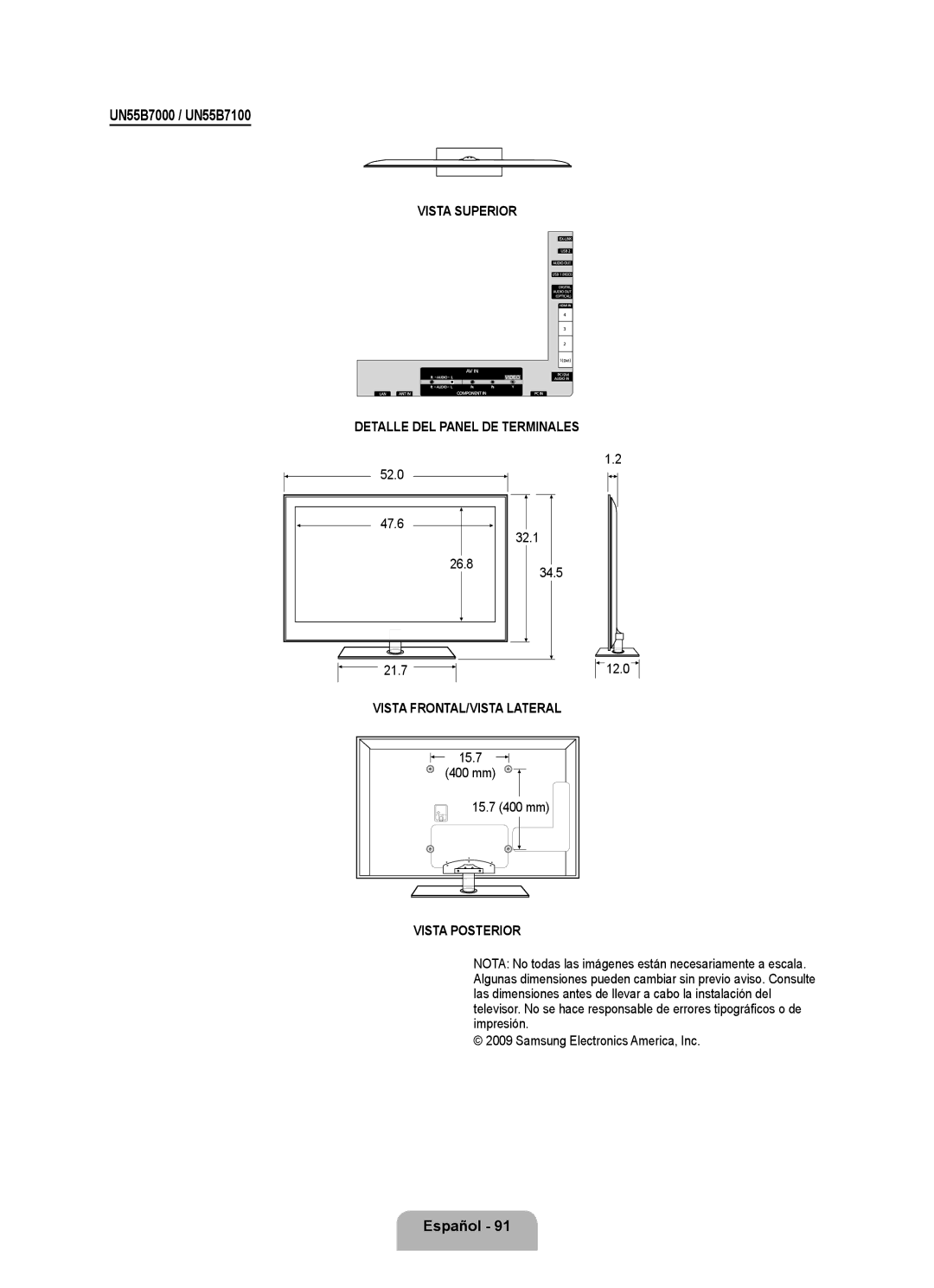 Samsung UN40B7000, UN46B7100, UN46B7000 user manual UN55B7000 / UN55B7100, 52.0 47.6 32.1 26.8 21.7 