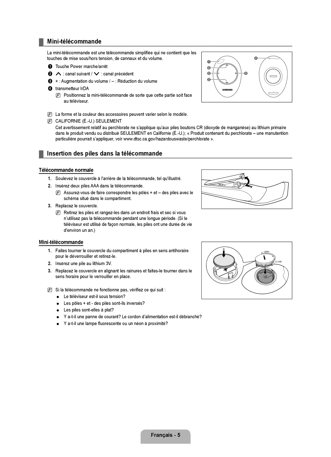 Samsung UN55B7100, UN55B7000, UN46B7100 Mini-télécommande, Insertion des piles dans la télécommande, Télécommande normale 