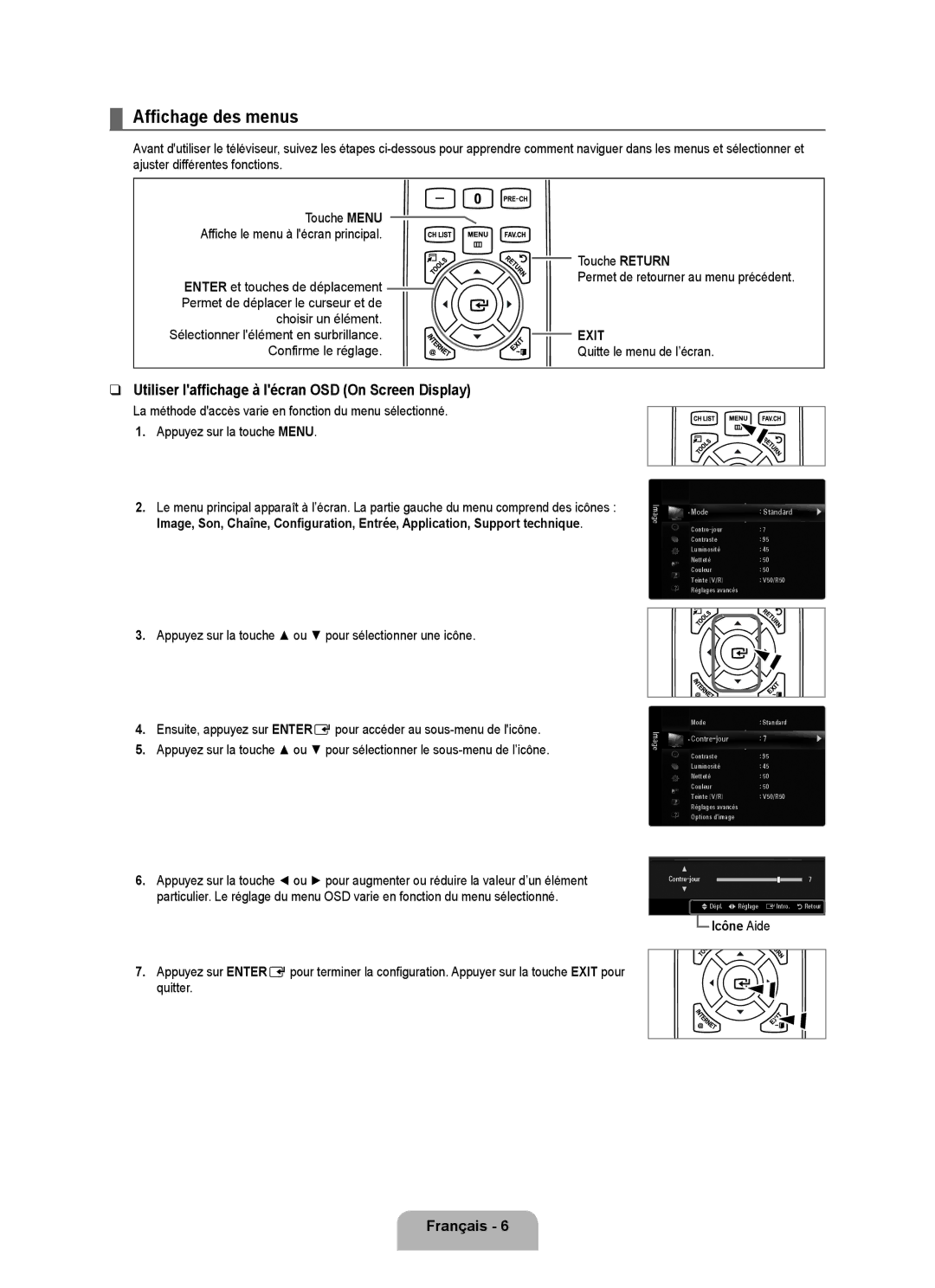 Samsung UN46B7100 Affichage des menus, Utiliser laffichage à lécran OSD On Screen Display, Quitte le menu de l’écran 