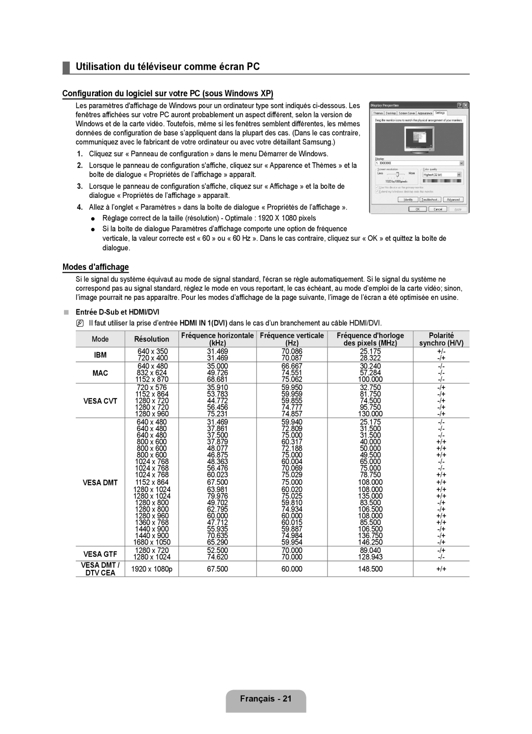 Samsung UN46B7100 Utilisation du téléviseur comme écran PC, Configuration du logiciel sur votre PC sous Windows XP 