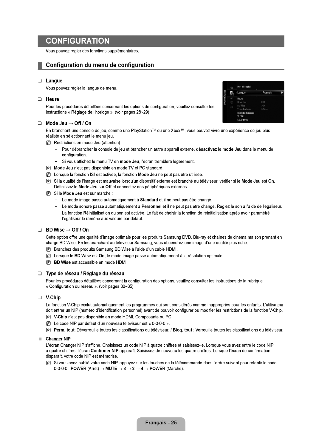 Samsung UN55B7100, UN55B7000, UN46B7100, UN46B7000, UN40B7000 user manual Configuration du menu de configuration 