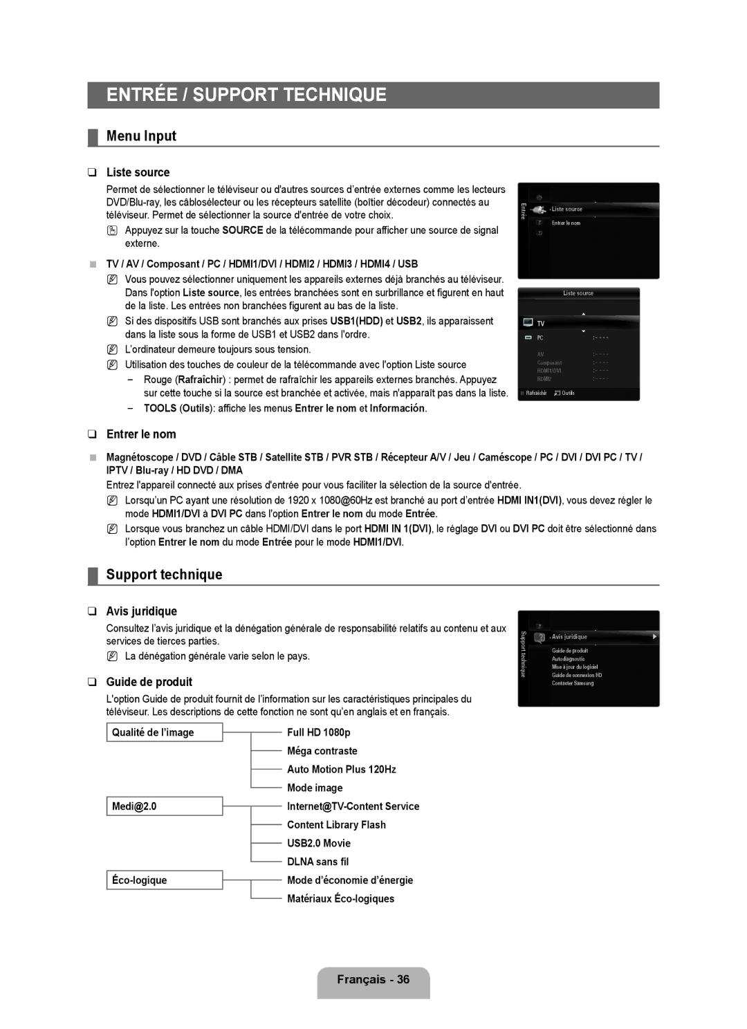 Samsung UN46B7100, UN55B7000, UN55B7100, UN46B7000, UN40B7000 Entrée / Support TEChNIQUE, Menu Input, Support technique 