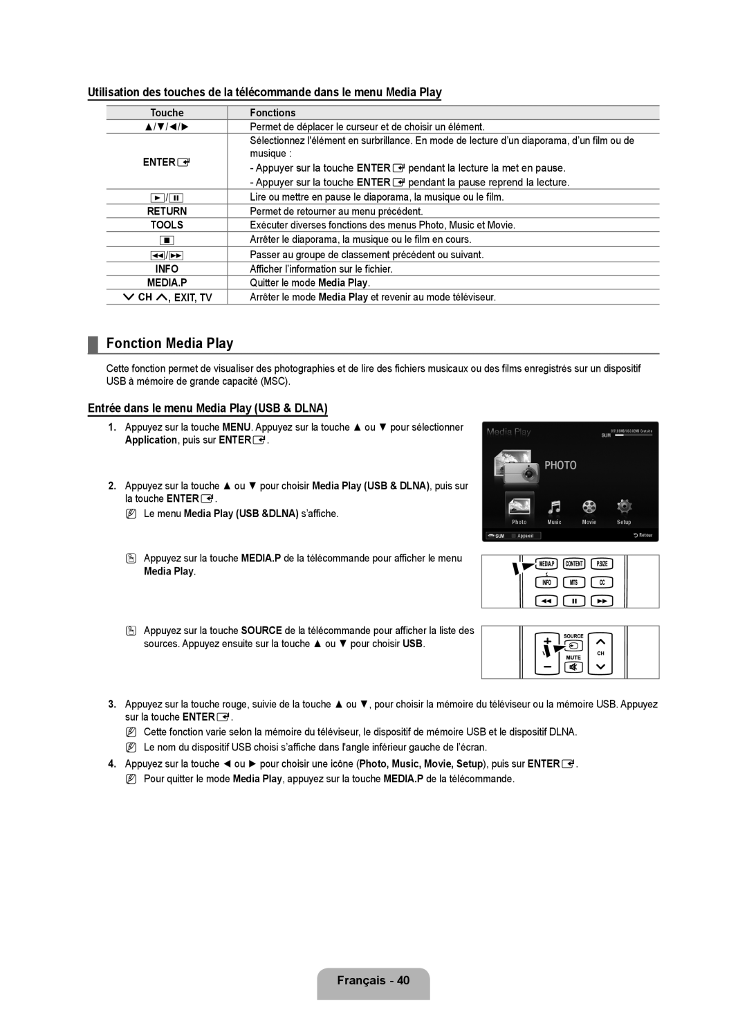 Samsung UN55B7100, UN55B7000 Fonction Media Play, Entrée dans le menu Media Play USB & Dlna, Application , puis sur Entere 