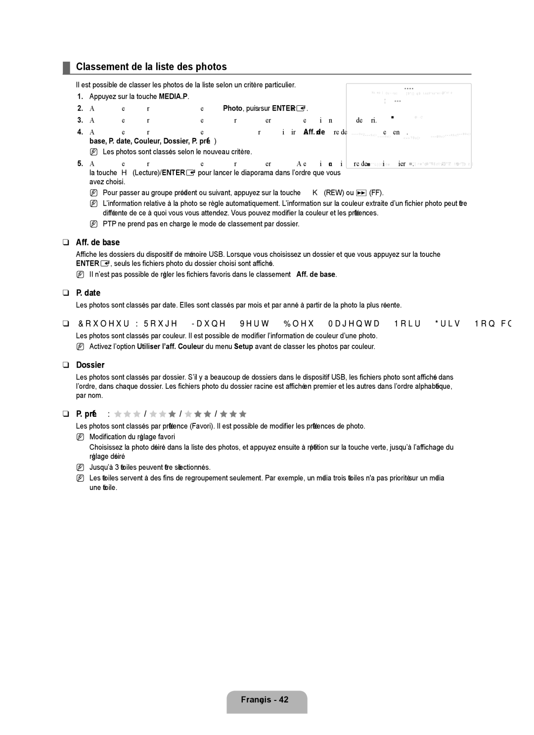 Samsung UN46B7000, UN55B7000 Classement de la liste des photos, Aff. de base, Date, Dossier, Préf. → FFF / FFF / FFF / FFF 