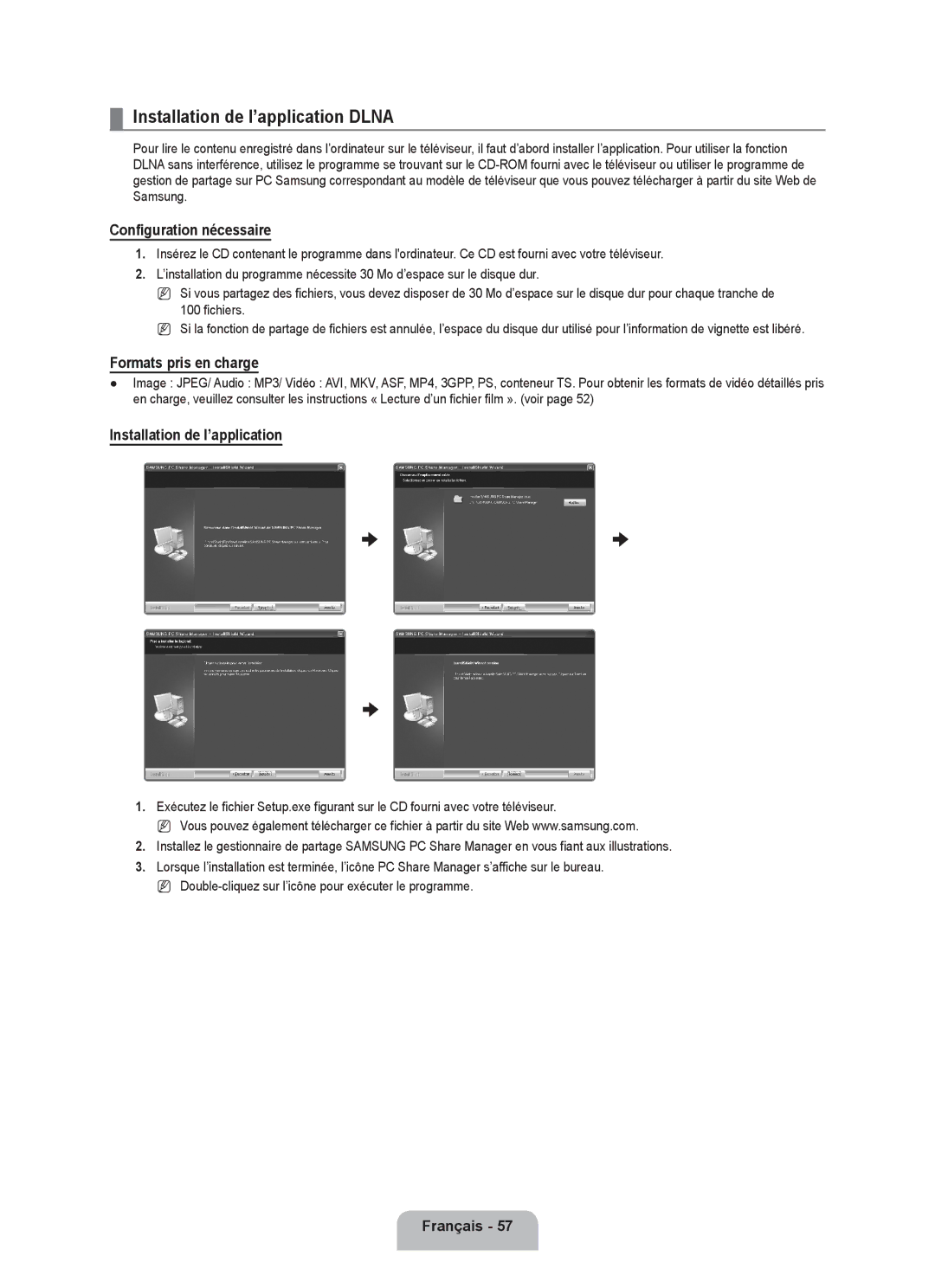 Samsung UN46B7000, UN55B7000 Installation de l’application Dlna, Configuration nécessaire, Formats pris en charge 