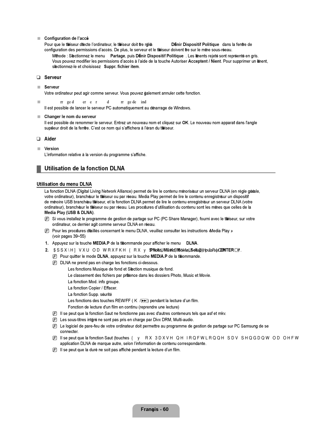 Samsung UN55B7100, UN55B7000, UN46B7100, UN46B7000 Utilisation de la fonction Dlna, Serveur, Aider, Utilisation du menu Dlna 