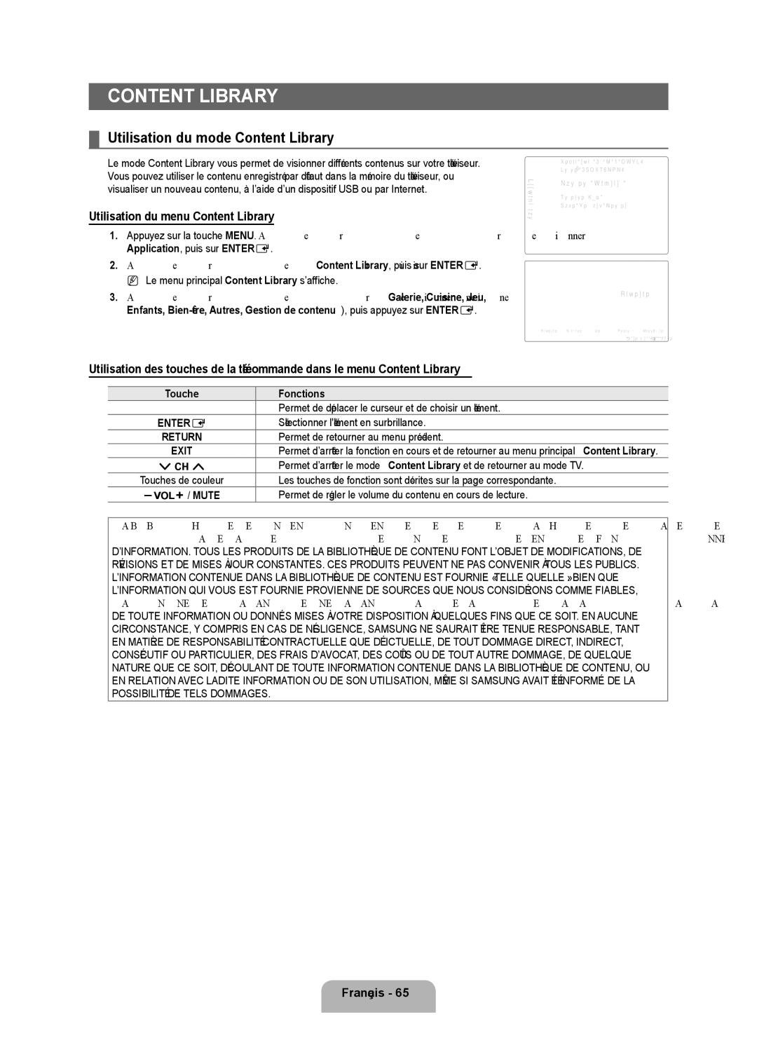 Samsung UN55B7100 Content LIBRARy, Utilisation du mode Content Library, Utilisation du menu Content Library, Français 6 