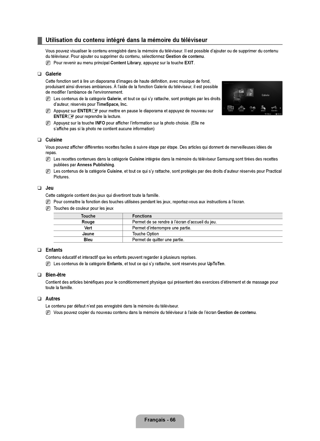 Samsung UN46B7100, UN55B7000, UN55B7100, UN46B7000, UN40B7000 user manual Galerie, Cuisine, Jeu, Enfants, Bien-être, Autres 