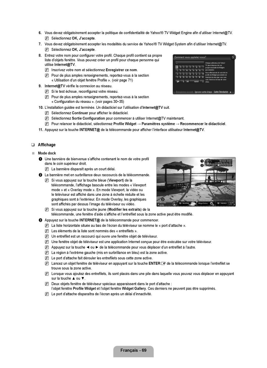 Samsung UN55B7000, UN55B7100, UN46B7100, UN46B7000 Affichage, Internet@TV vérifie la connexion au réseau, Mode dock 