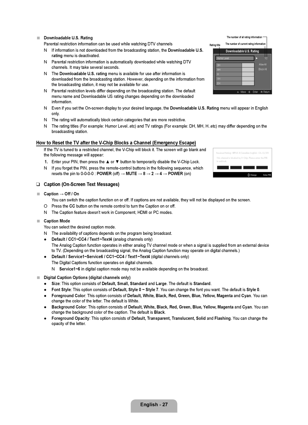 Samsung UN40B7000, UN55B7000, UN55B7100, UN46B7100, UN46B7000 user manual Caption On-Screen Text Messages 