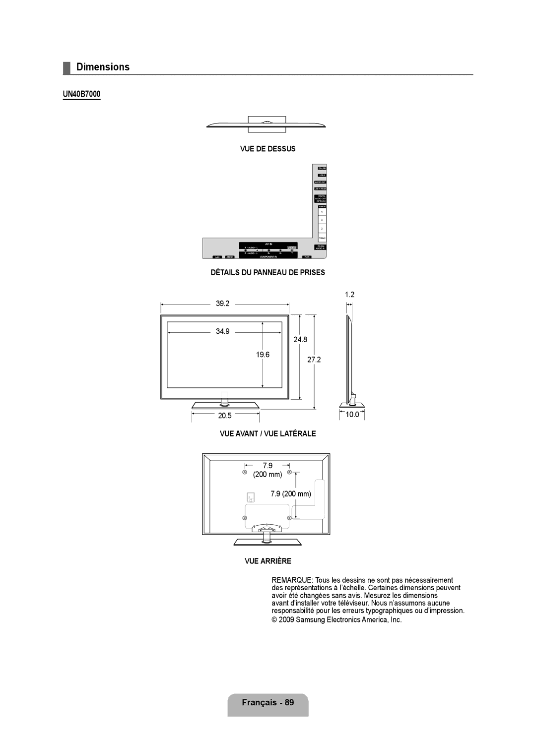 Samsung UN55B7000, UN55B7100, UN46B7100, UN46B7000, UN40B7000 user manual VUE DE Dessus Détails DU Panneau DE Prises 