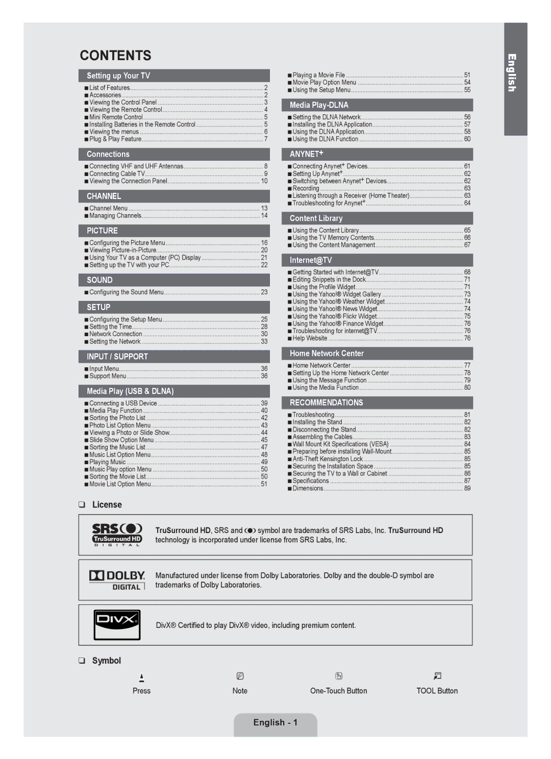 Samsung UN46B7000, UN55B7000, UN55B7100, UN46B7100, UN40B7000 user manual Contents 