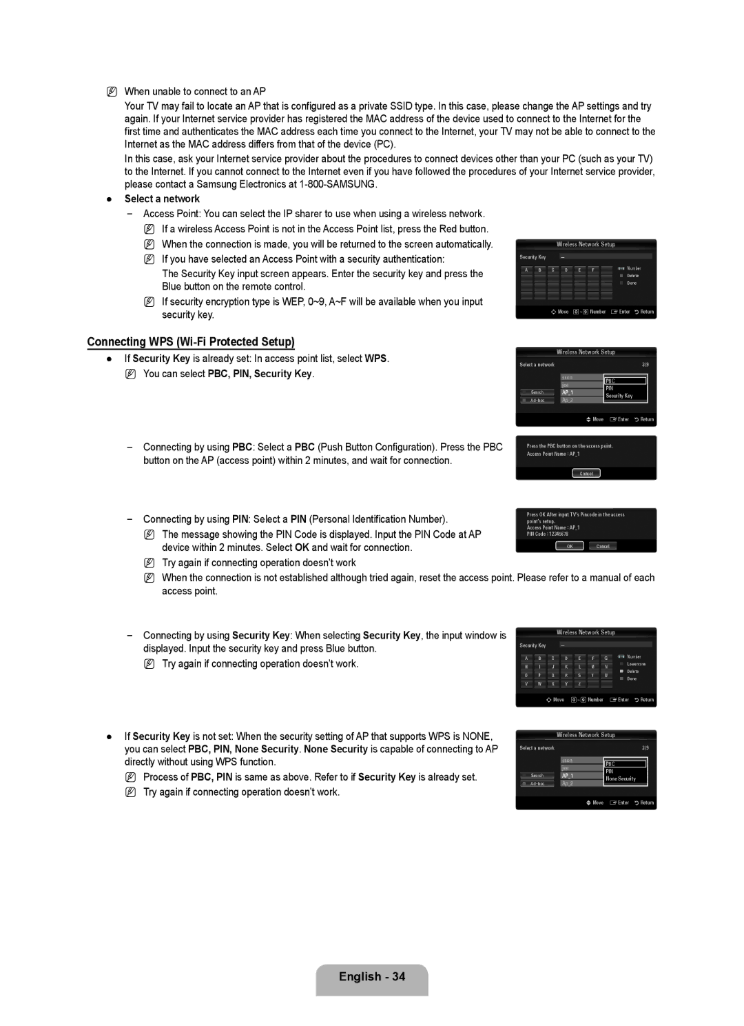 Samsung UN55B7100, UN55B7000 Connecting WPS Wi-Fi Protected Setup, When unable to connect to an AP, Select a network 