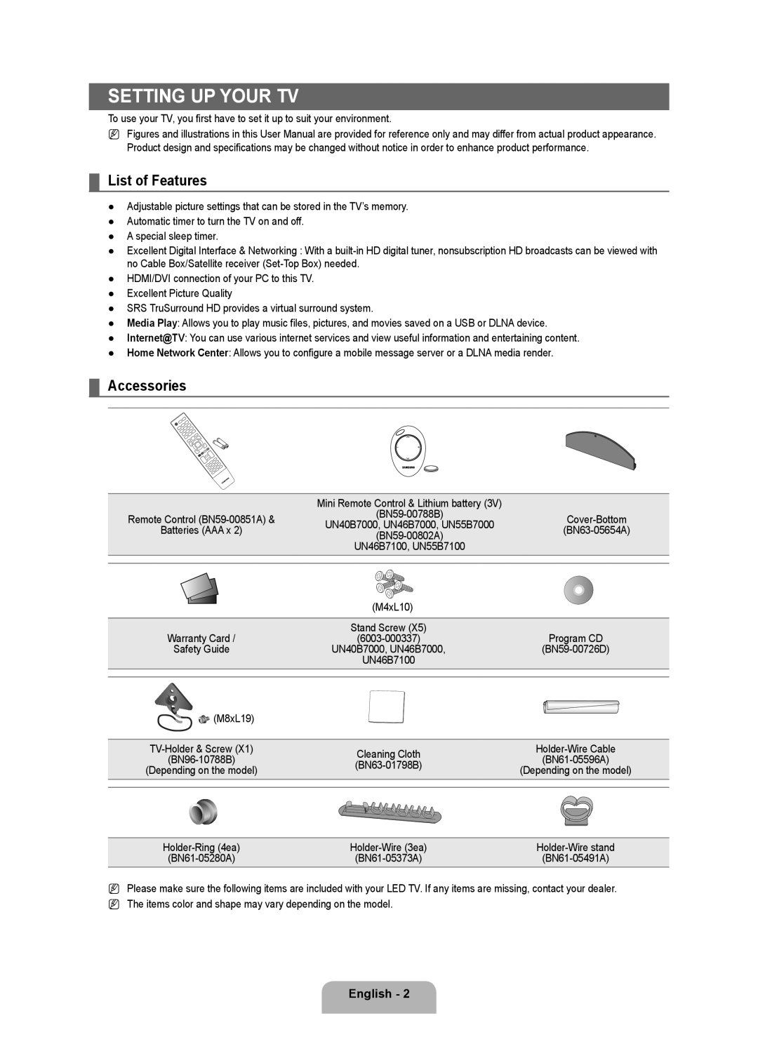 Samsung UN40B7000, UN55B7000, UN55B7100, UN46B7100, UN46B7000 Setting up Your TV, List of Features, Accessories, M8xL19 