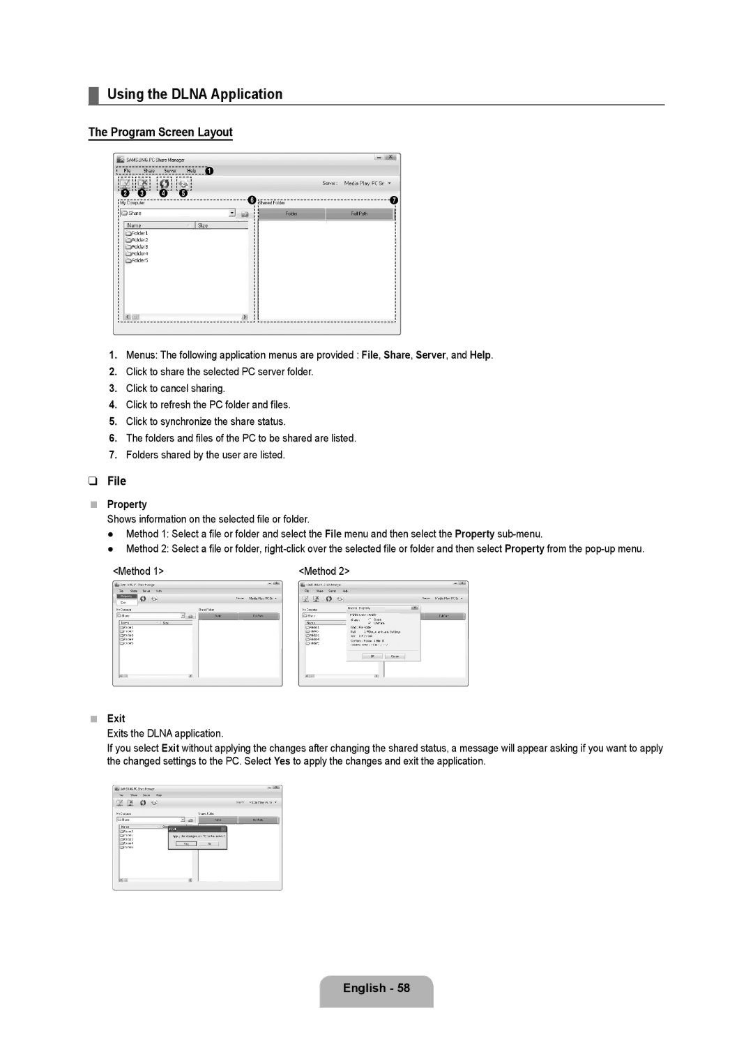 Samsung UN55B7000, UN55B7100, UN46B7100, UN46B7000 Using the Dlna Application, Program Screen Layout, File, Property, Exit 