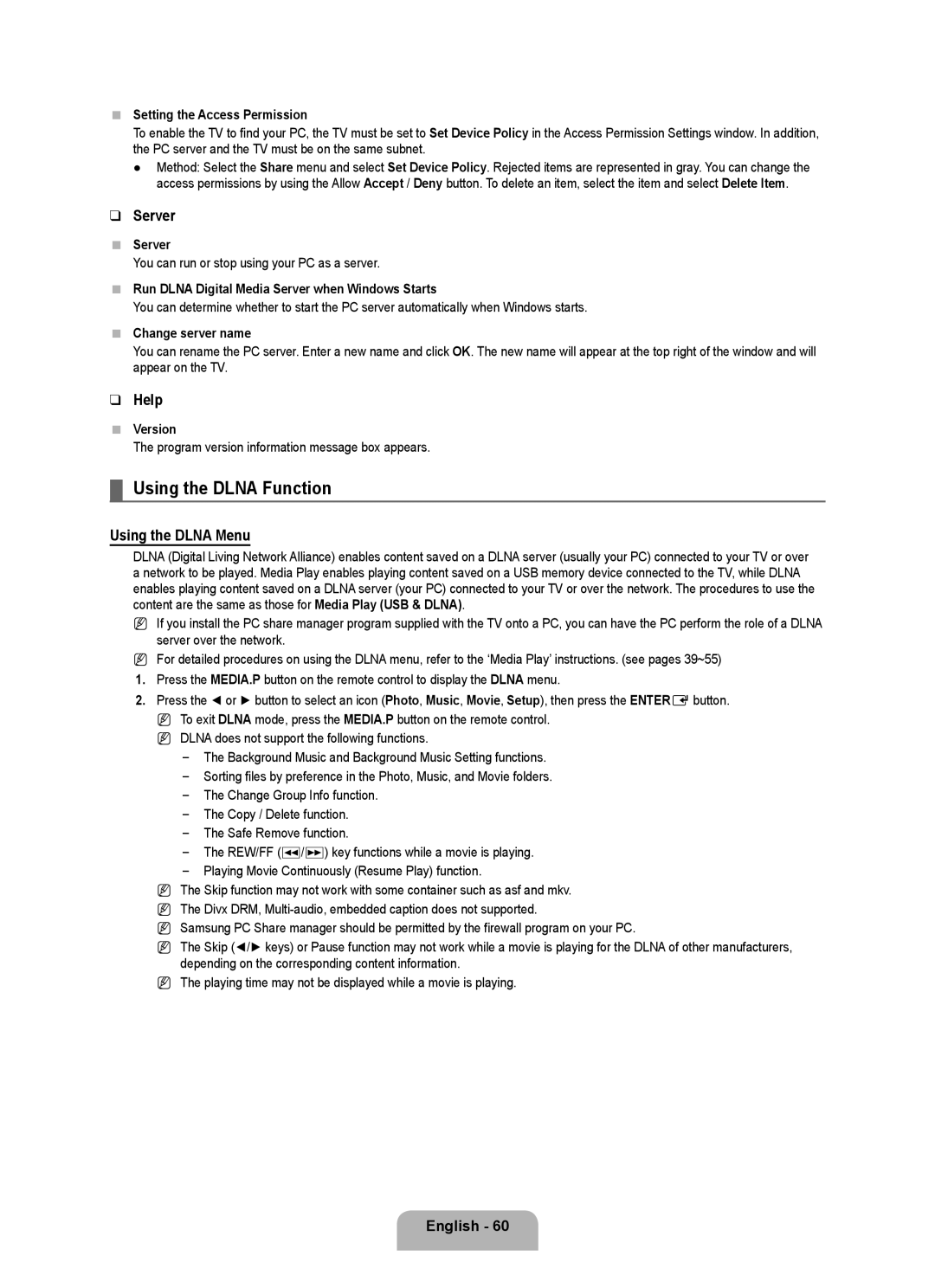 Samsung UN46B7100, UN55B7000, UN55B7100, UN46B7000, UN40B7000 Using the Dlna Function, Server, Help, Using the Dlna Menu 