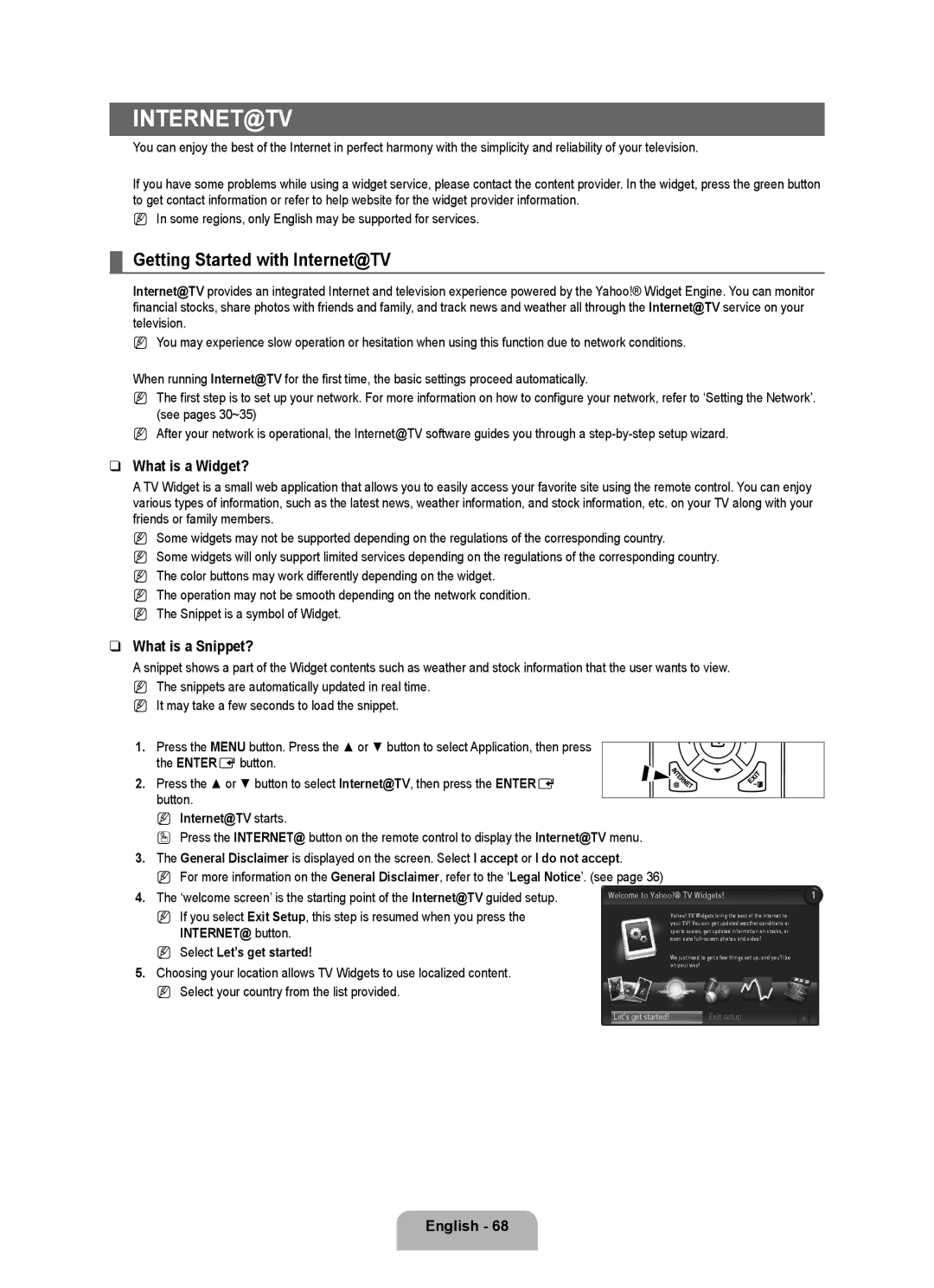 Samsung UN55B7000, UN55B7100, UN46B7100 Getting Started with Internet@TV, What is a Widget?, What is a Snippet? 