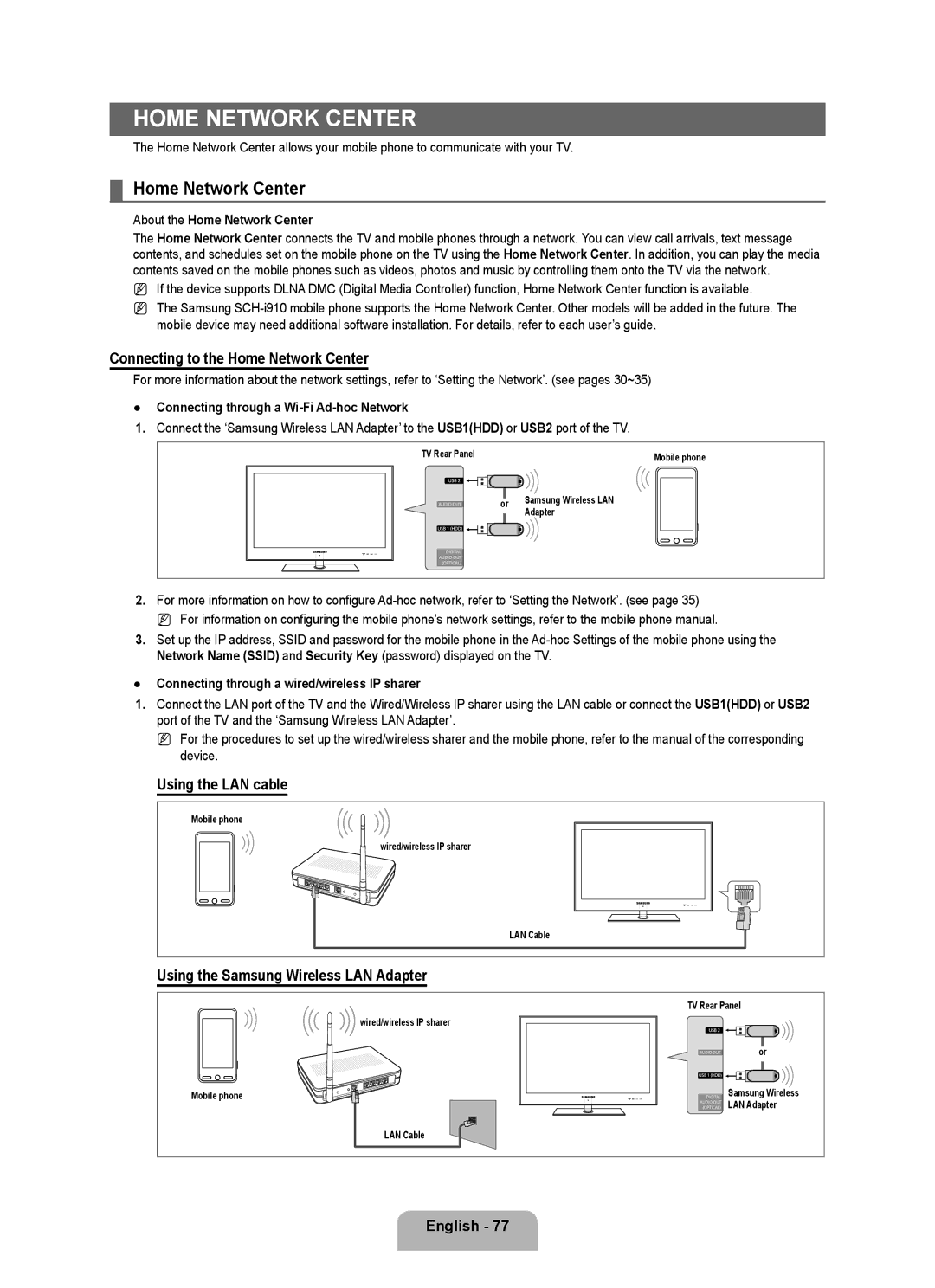 Samsung UN40B7000 Connecting to the Home Network Center, Using the LAN cable, Using the Samsung Wireless LAN Adapter 