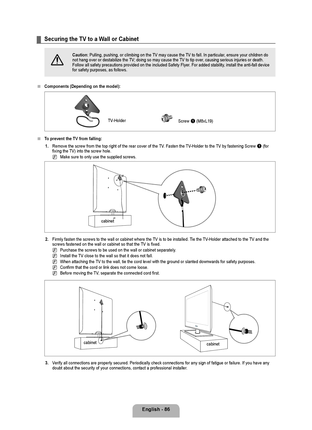 Samsung UN46B7000, UN55B7000 Securing the TV to a Wall or Cabinet,  Components Depending on the model, TV-Holder 