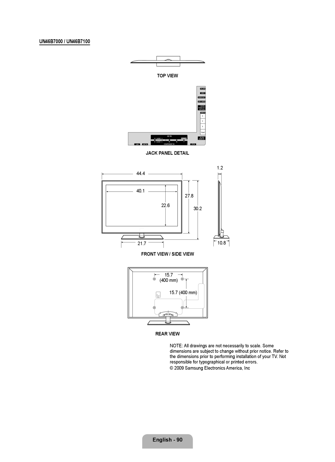 Samsung UN55B7000, UN55B7100, UN40B7000 user manual UN46B7000 / UN46B7100, 44.4 40.1 27.8 22.6, 21.7, 15.7 400 mm 