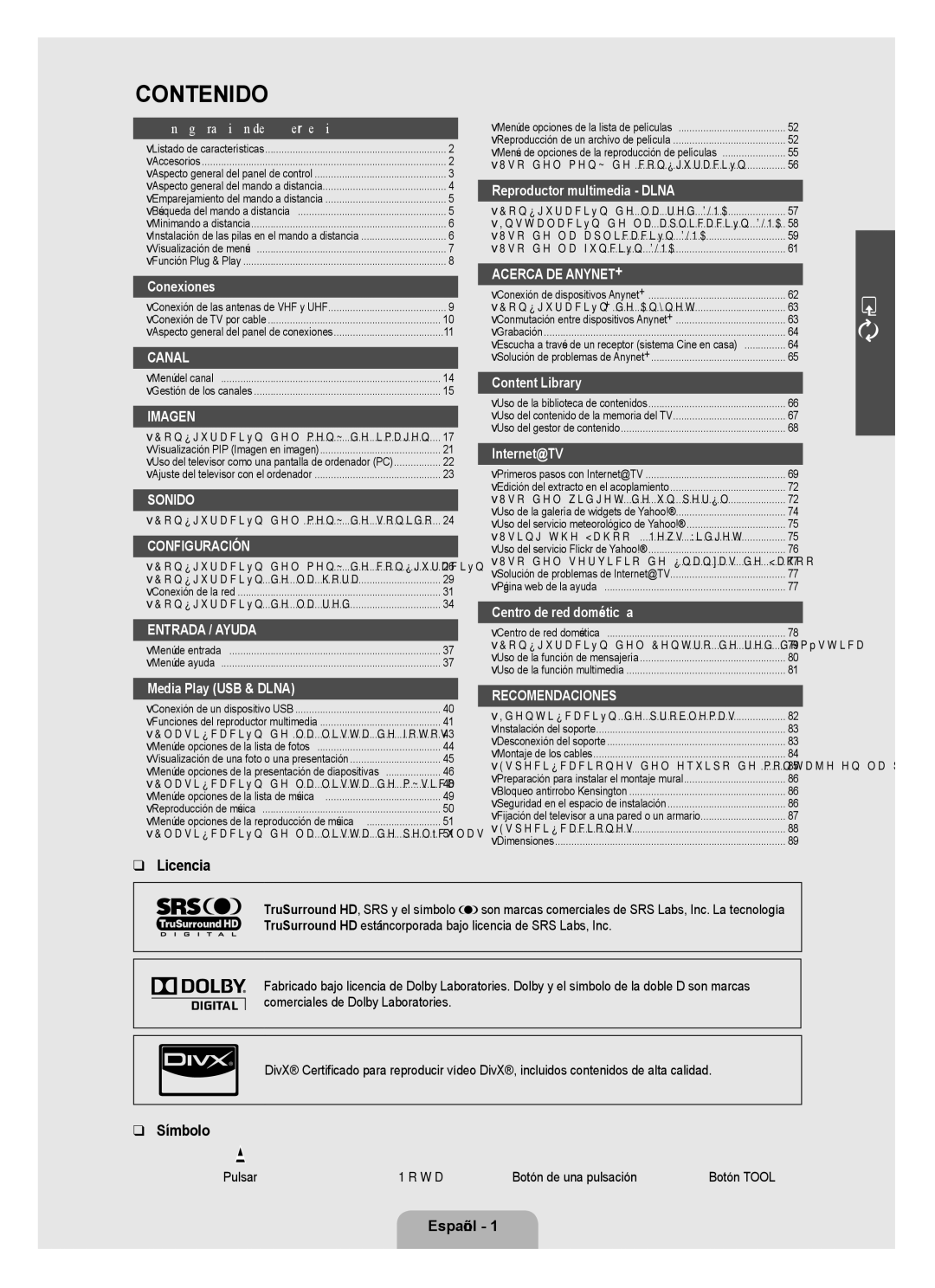 Samsung UN46B8000, UN55B8000 user manual Licencia, Símbolo, Español, Pulsar 