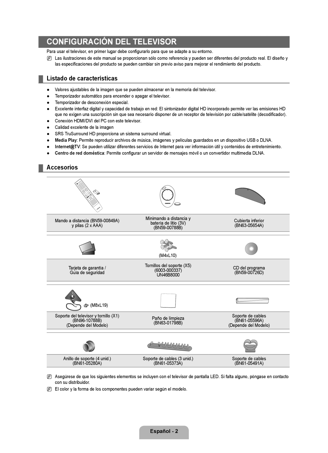 Samsung UN55B8000, UN46B8000 user manual Configuración del televisor, Listado de características, Accesorios 