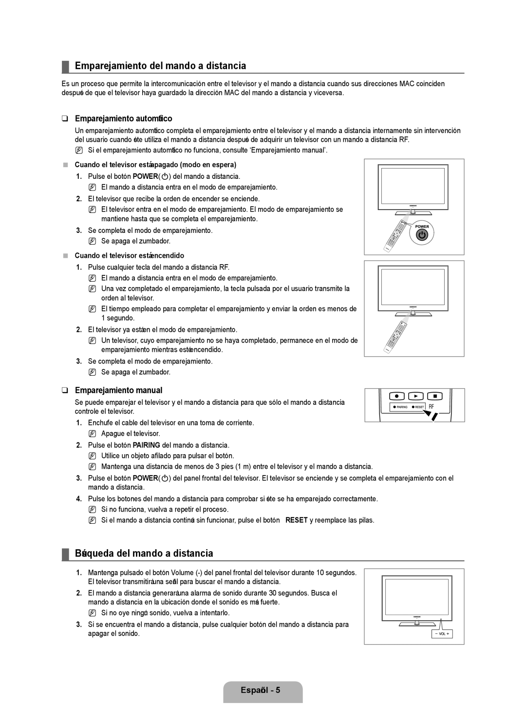 Samsung UN46B8000 Emparejamiento del mando a distancia, Búsqueda del mando a distancia, Emparejamiento automático 