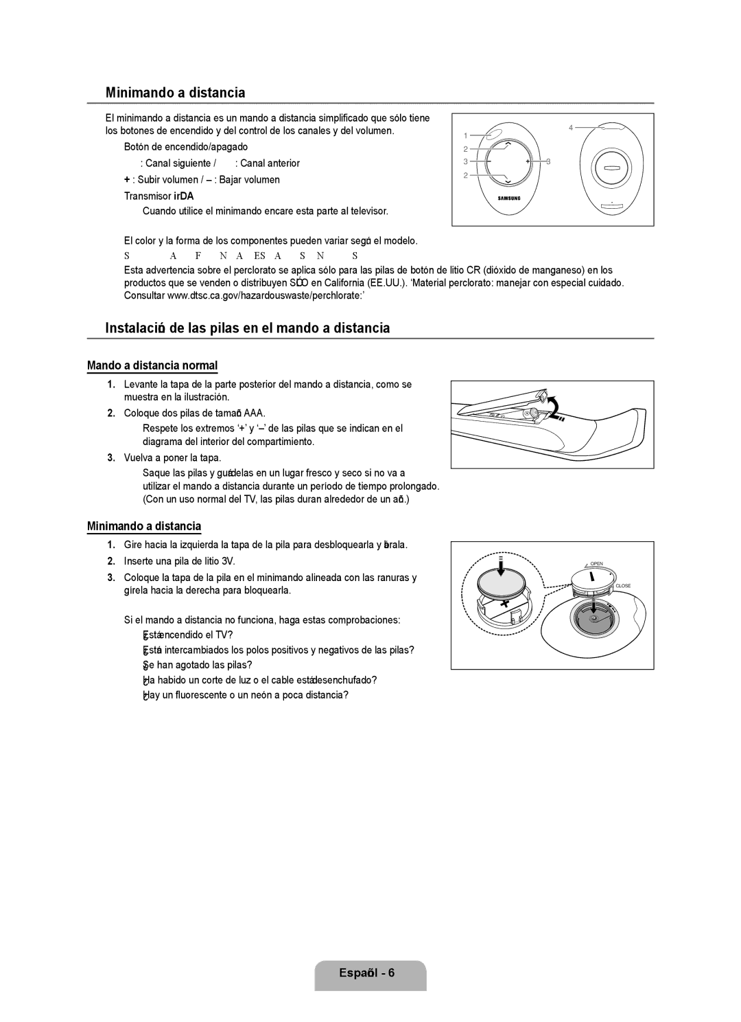 Samsung UN55B8000 Minimando a distancia, Instalación de las pilas en el mando a distancia, Mando a distancia normal 