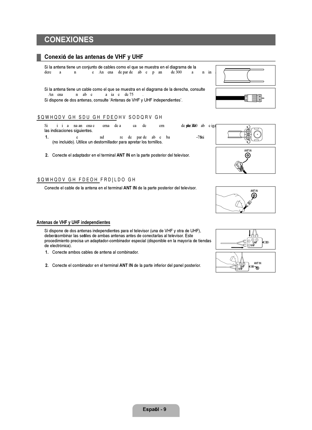 Samsung UN46B8000, UN55B8000 Conexiones, Conexión de las antenas de VHF y UHF, Antenas de par de cables planos de 300 Ω 