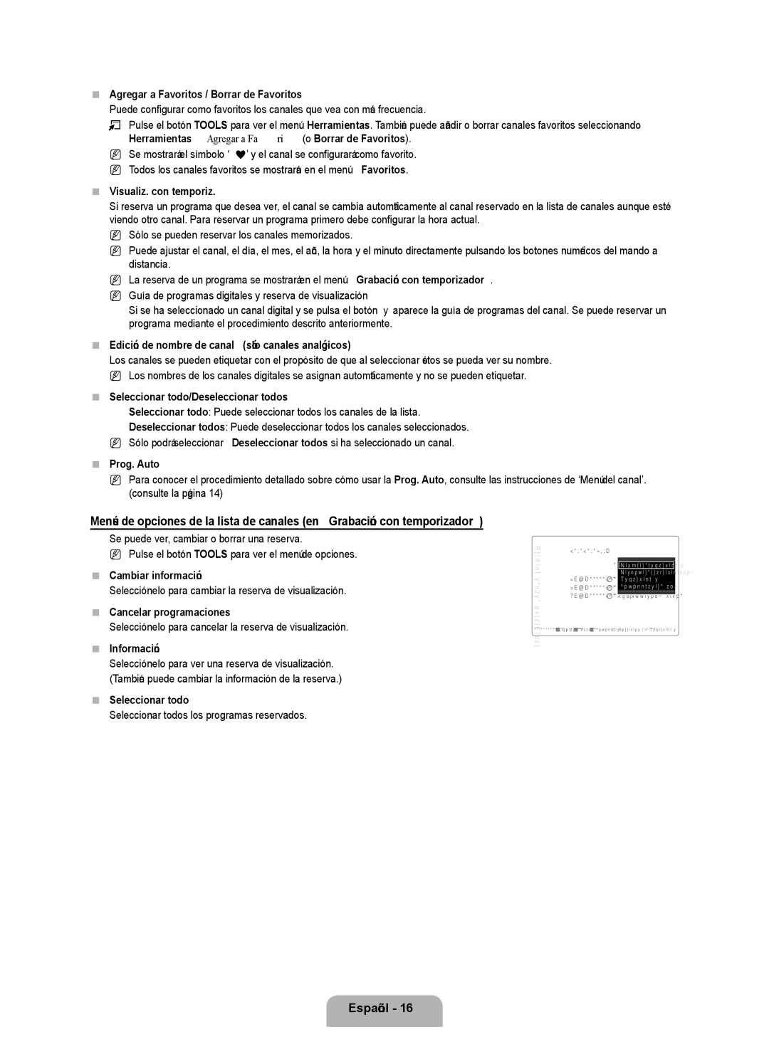 Samsung UN55B8000 Agregar a Favoritos / Borrar de Favoritos, Visualiz. con temporiz, Seleccionar todo/Deseleccionar todos 