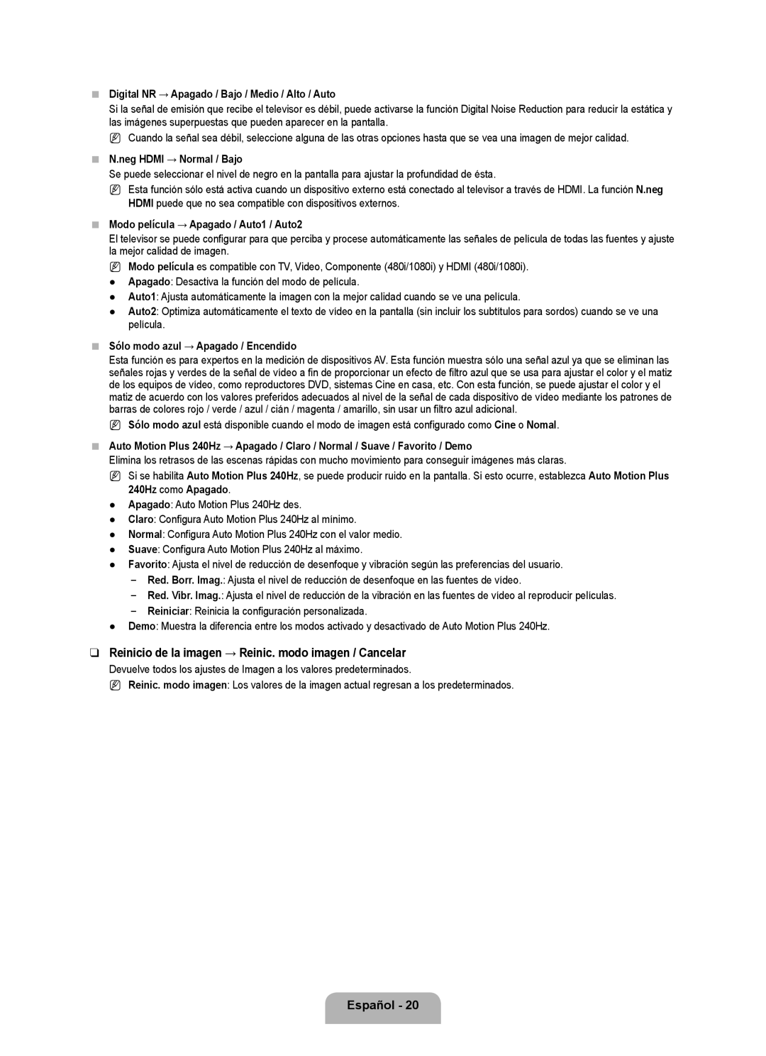 Samsung UN55B8000, UN46B8000 user manual Reinicio de la imagen → Reinic. modo imagen / Cancelar, Neg Hdmi → Normal / Bajo 