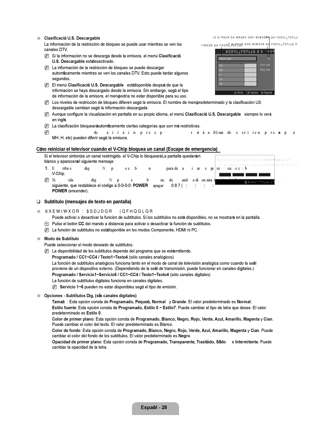 Samsung UN55B8000 Subtítulo mensajes de texto en pantalla, Clasificación U.S. Descargable, Subtítulo → Apagado / Encendido 