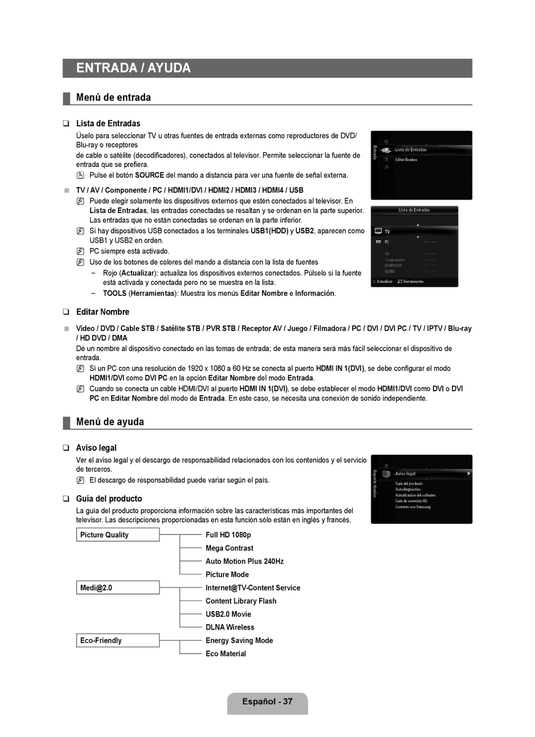 Samsung UN46B8000, UN55B8000 user manual Entrada / Ayuda, Menú de entrada, Menú de ayuda 